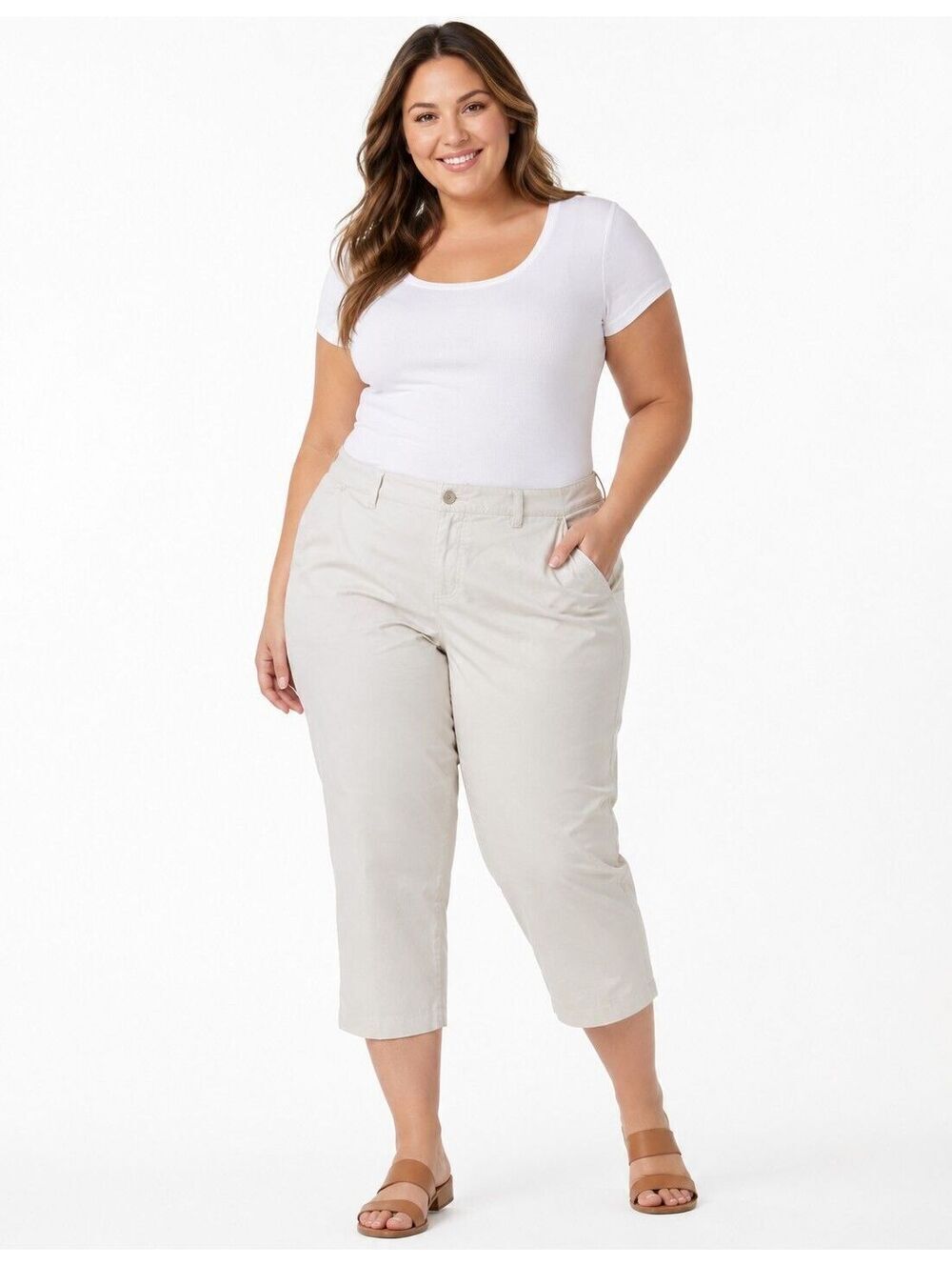 Talbots Womens Plus Perfect Crop Khaki Pants Size 20W Tan Beige Comfort Travel